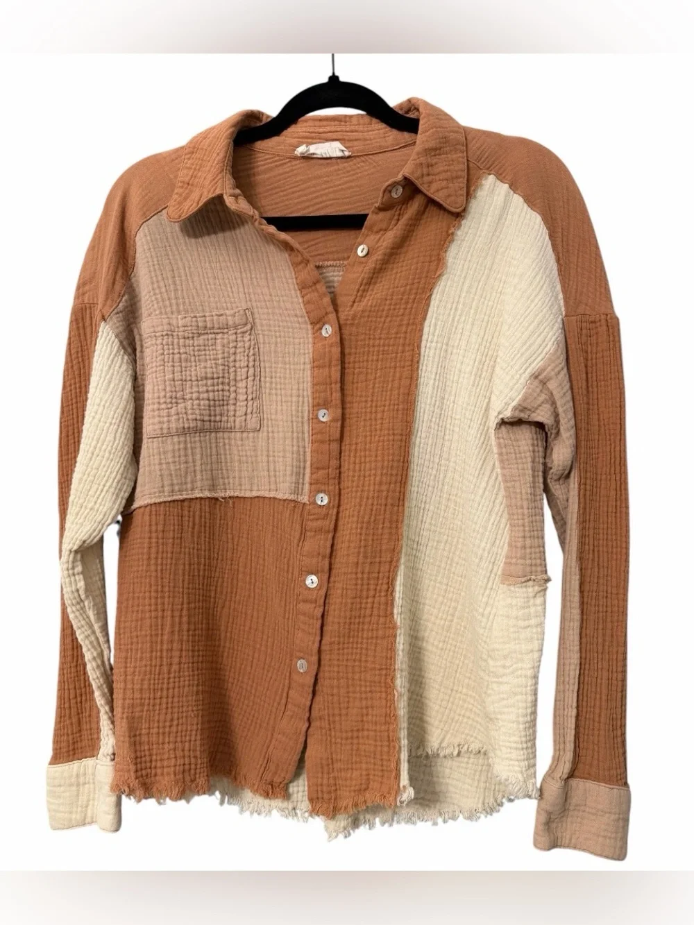 New In Color Block Cotton Gauze Button Front Shirt | Boho Raw Hem | Western - Picture 2 of 7